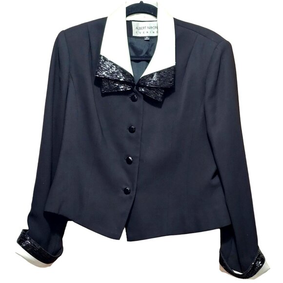 Albert Nipon Evening Women's Black Beaded Collar & Cuffs Blazer Size 16 - Picture 1 of 11